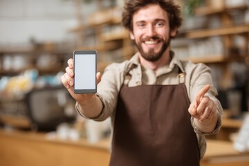 Friendly Barista Points Excitedly at Blank Phone Screen