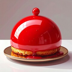 Red glazed cake with a golden plate on white surface