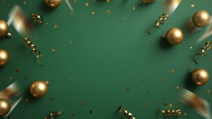 Festive green background with golden Christmas baubles, confetti, and streamers creating a decorative border for celebration.