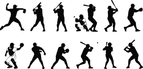 Baseball player silhouettes, batting stance, pitching motion, catcher pose, fielding action, sports movement, black figures, dynamic posture, athletic game, teamwork