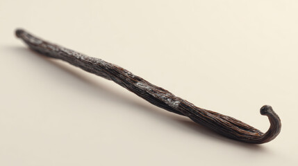 A minimalist pack shot of a single split vanilla bean with tiny black seeds visible, on a seamless, off-white background. 
