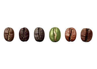 6 coffee beans of different colors, from left to right: a dark brown coffee bean, a light green coffee bean, a black chocolate-colored coffee bean, 