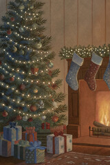 Cozy Christmas Tree with Fireplace and Stockings — Watercolor Illustration