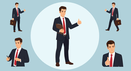 Businessman Character Set Multiple Poses for Corporate Presentation and Success Concepts
