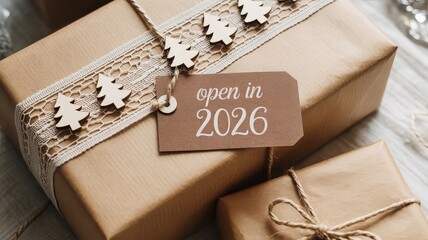 Brown paper gift box with lace ribbon, wooden Christmas tree ornaments, and a 'open in 2026' tag, symbolizing future celebration.
