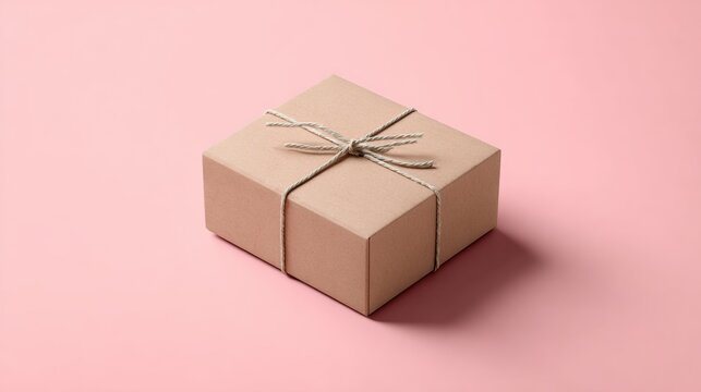 Cardboard gift box with string displayed on pink background minimal packaging composition design