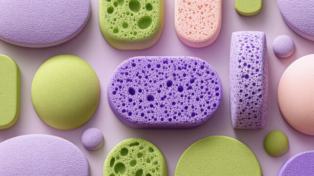 A minimalist abstract elements. A collection of porous, sponge-like forms in soft lavender and muted lime green floating on a white background. 3D rendering illustration with a textured.