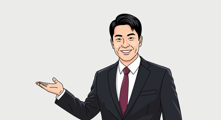 Smiling Asian Businessman Presenting or Welcoming with Open Hand Gesture on White Background