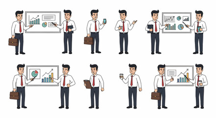 Businessman Character Set Diverse Poses for Presentation Meeting and Business Concepts