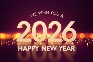 Golden 3D text "WE WISH YOU A 2026 HAPPY NEW YEAR" on a dark background with festive bokeh lights.