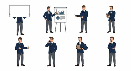 Businessman Character Set Eight Poses for Business Presentation Marketing and Communication