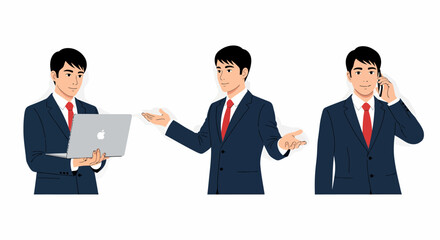 Businessman Character Set Working on Laptop Presenting and Talking on Mobile Phone