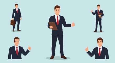 Businessman Character Set Multiple Poses for Business Presentation and Success Concept