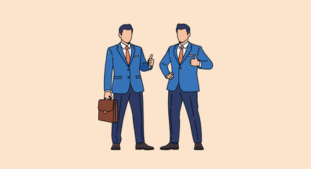 Two Professional Businessmen in Blue Suits Showing Thumbs Up Gesture for Agreement and Success