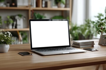 Fototapeta premium Laptop mockup on wooden desk in modern workspace setting