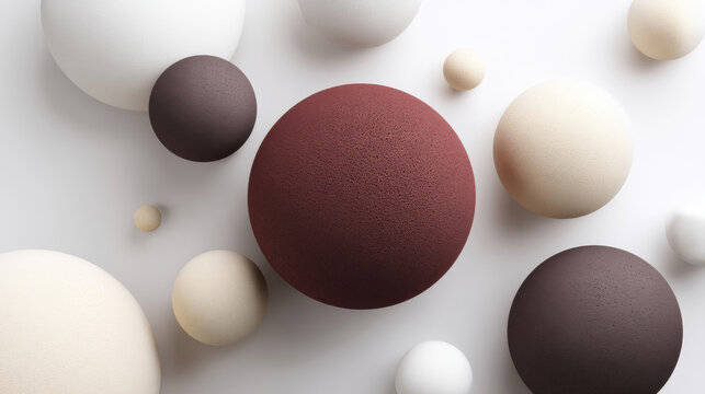 A minimalist abstract elements. A collection of porous, sponge-like forms in deep maroon and antique white floating on a white background. 3D rendering illustration with a textured, airy surface. 