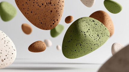 A minimalist abstract elements. A collection of porous, sponge-like forms in forest green and earthy brown floating on a white background. 3D rendering illustration, airy surface. Organic visual.