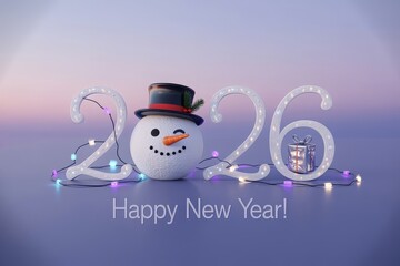 A festive 3D rendering of '2026' with a winking snowman, illuminated by colorful string lights, celebrating the New Year.