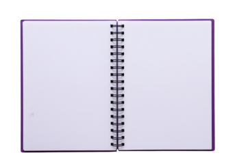 Blank spiral bound notebook with vibrant purple cover and clean white pages ready for your creative ideas, notes, and plans.