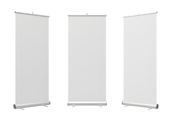 Three blank roll up banners display for advertising or promotional events offering a clean canvas for your impactful brand message and design
