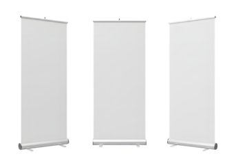 Three blank roll up banners display for advertising or promotional events offering a clean canvas for your impactful brand message and design