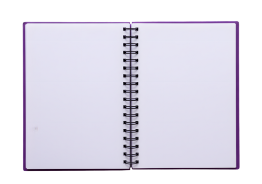 Blank spiral bound notebook with vibrant purple cover and clean white pages ready for your creative ideas, notes, and plans.