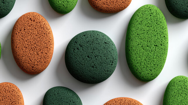 A minimalist abstract elements. A collection of porous, sponge-like forms in forest green and earthy brown floating on a white background. 3D rendering illustration, airy surface. Organic visual.