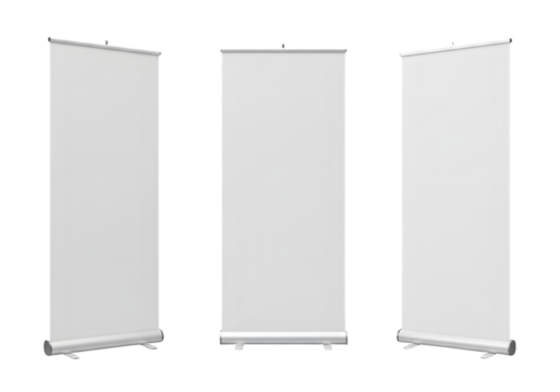 Three blank roll up banners display for advertising or promotional events offering a clean canvas for your impactful brand message and design