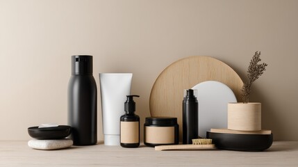 Cosmetic bottles and containers on table styled skincare beauty wellness product composition design