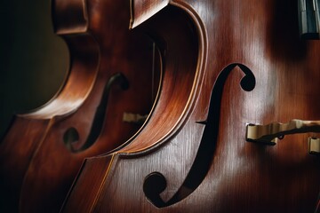 Macro detail of double bass f-holes and wood grain