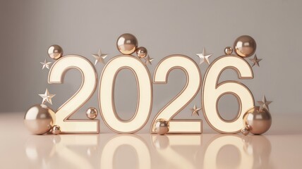 A festive 3D rendering of the year 2026 in golden numbers, adorned with metallic spheres and stars, on a reflective surface.