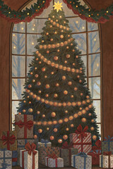 Christmas Tree with Presents and Lights — Watercolor Illustration