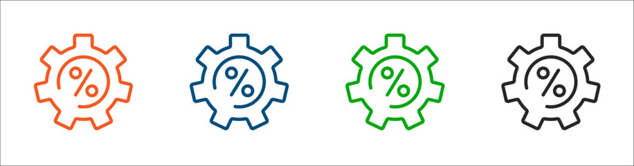 Gear icon with percent for maintenance, engineering, development. Vector outline icon.