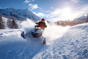 Man riding a snowmobile at high speed in mountains