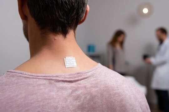 Man with allergy patch test on his back in clinic