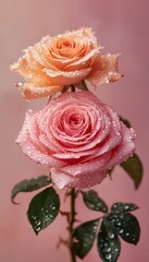 a delicate close-up captures two blush-toned roses adorned with glistening water droplets against a soft pink backdrop, highlighting their intricate petal formations and lush green foliage.