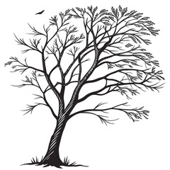 Stylized black and white drawing of a bare tree with a bat flying