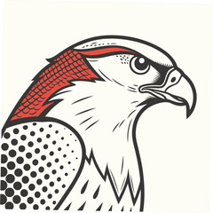 Stylized falcon head illustration with red and black accents