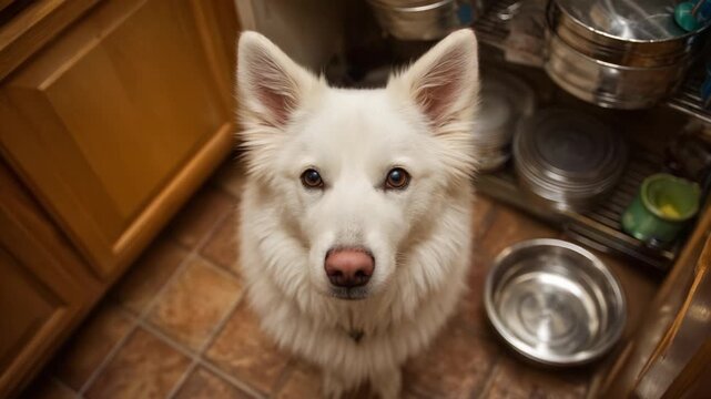 A Captivating Close-Up of a White Dog in a Cozy Kitchen Environment, Showcasing Its Beautiful Fur and Engaging Expression