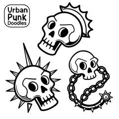 Urban punk doodles featuring skulls with mohawks spikes and chains
