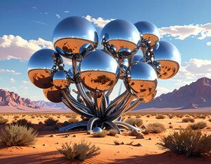 Shiny metal spheres cluster in desert landscape
