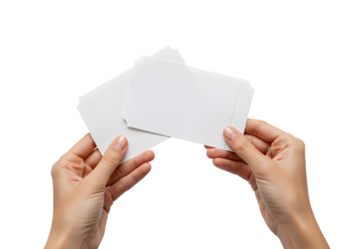 Two blank white tickets held in hands, perfect for event invitations, promotions, or custom designs, offering a clean canvas for your creative ideas and marketing campaigns.