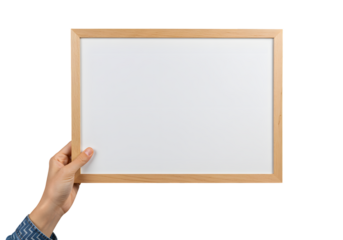 Woman's hand proudly displaying a clean, empty wooden frame whiteboard for creative ideas, presentations, or educational content, ready for your message