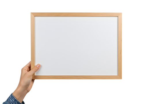 Woman's hand proudly displaying a clean, empty wooden frame whiteboard for creative ideas, presentations, or educational content, ready for your message