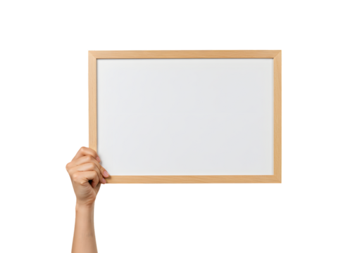 Woman's hand proudly displaying a clean, empty wooden frame whiteboard for creative ideas, presentations, or educational content, ready for your message