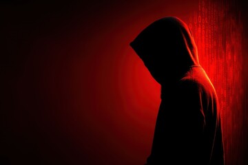 Mysterious Silhouette in Hoodie Against Binary Code Red Backdrop
