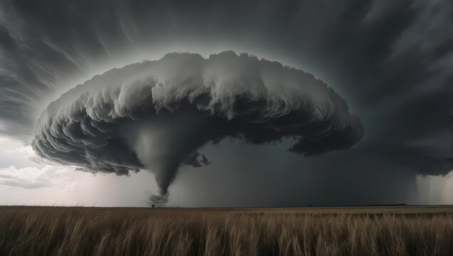 Powerful Supercell Thunderstorm with Tornado Funnel Cloud Over Open Field.