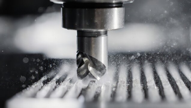 Close-up of a CNC milling machine in operation, cutting metal with precision.