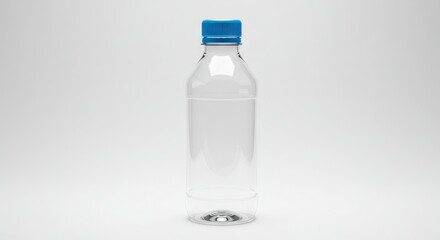 Fototapeta premium Clear plastic bottle with a blue cap centered on a white background