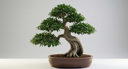 A bonsai tree with green leaves in a brown pot against a gradient grey background